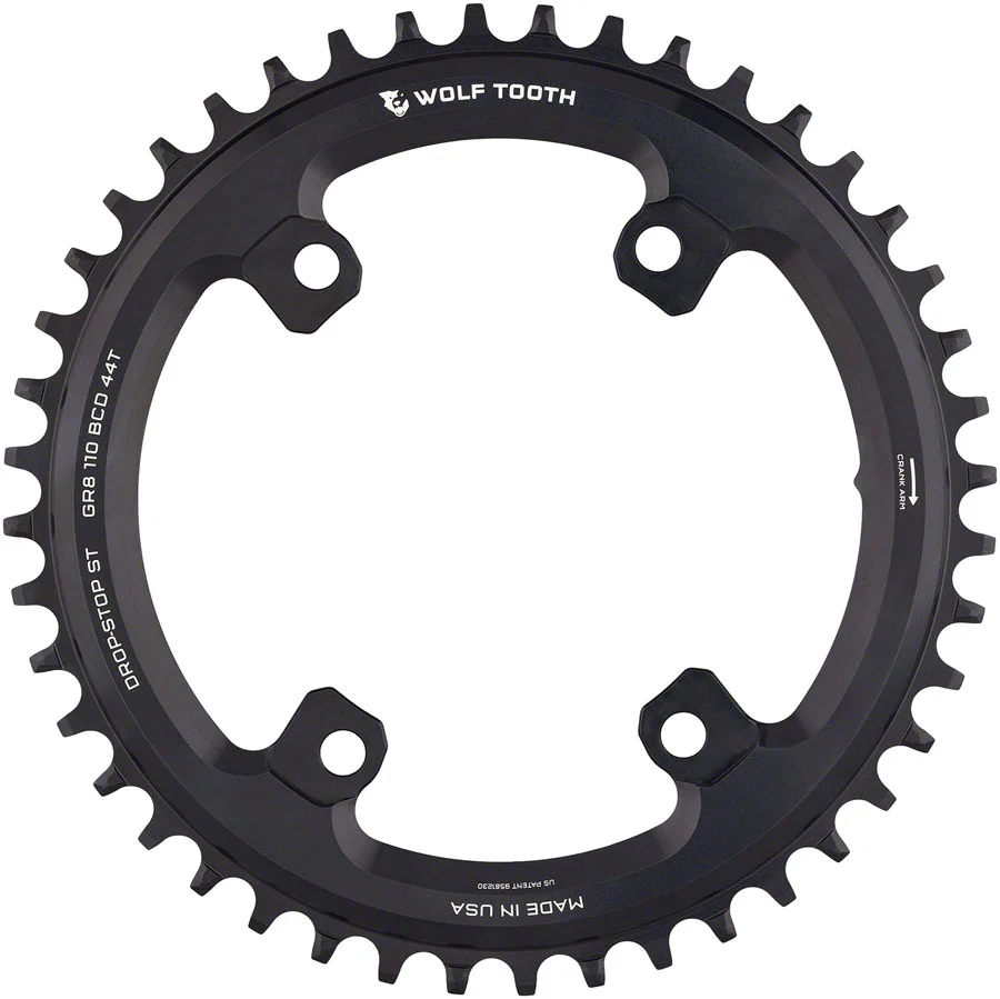 Wolf Tooth Shimano 110 Asymmetric BCD Chainring - 44t 110 Asymmetric BCD 4-Bolt Drop-Stop ST For Shimano GRX Cranks BLK