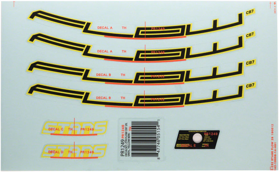 Stans No Tubes Stans Flow CB7 Rim Decal - 29" Yellow Set