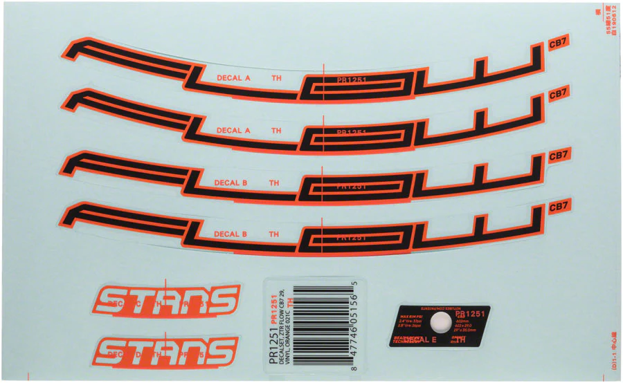 Stans No Tubes Stans Flow CB7 Rim Decal - 27.5" Orange Set