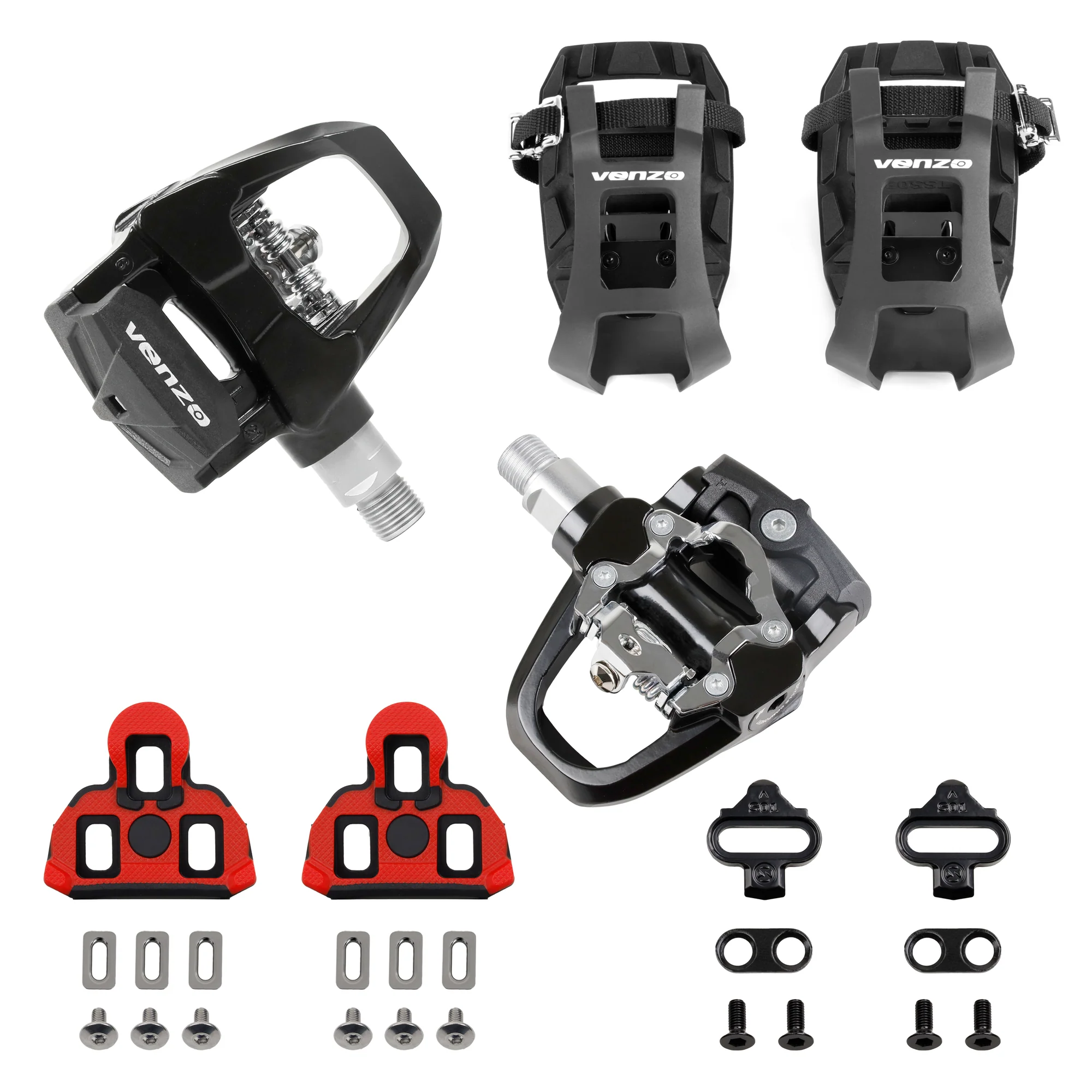 Venzo Compatible with Shimano SPD-SL & Shimano SPD System for Indoor Fitness Exercise Bike Bicycle Pedals & Cleats with 9/16" Heavy Duty Spindles Sealed Bearing - Pedals + Cages + Tool