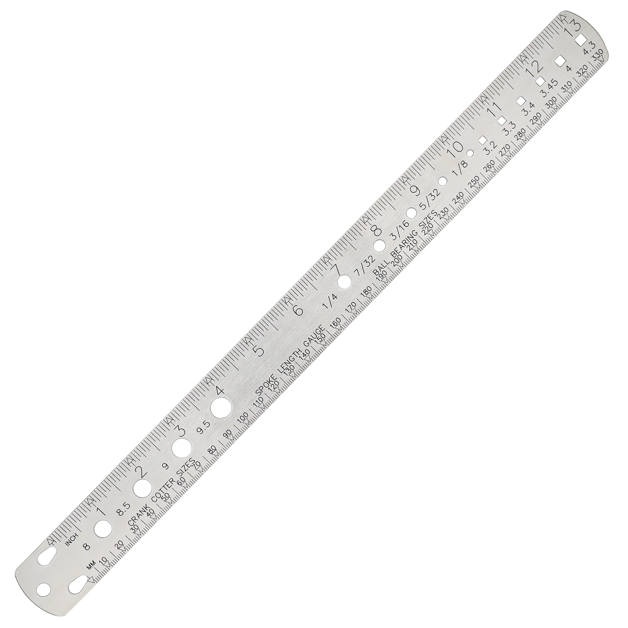 BIKEHAND Bike Bicycle Crank Cotter Pin / Ball Bearing / Spoke Length / Nipple Size Measuring Double Sided Metric Imperial Stainless Steel Ruler Gauge Tool 13inch / 330mm
